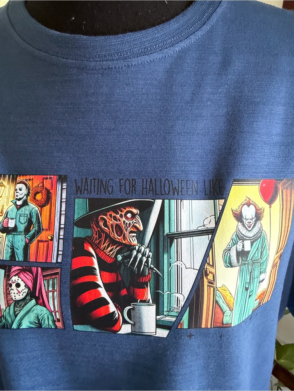 Blue Short-Sleeve Tee with Colorful Comic Graphic UNISEX